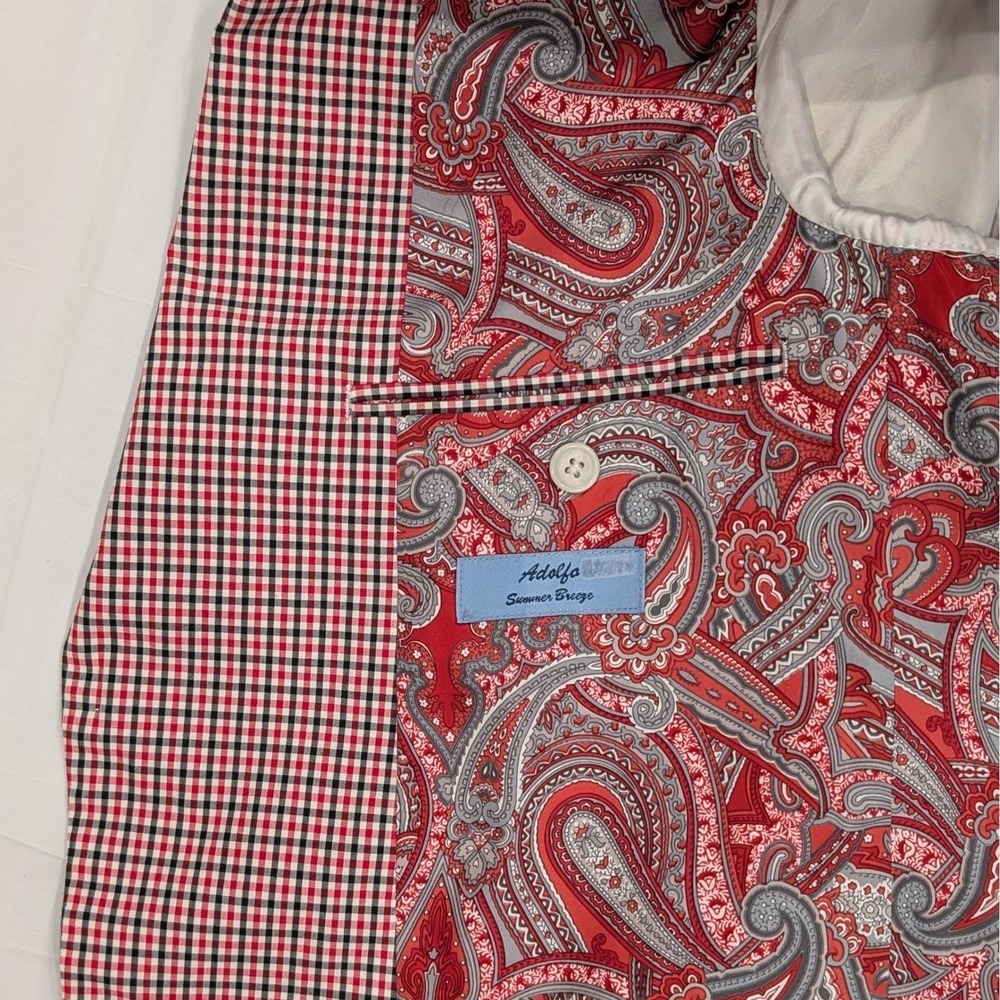 Adolfo Blazer 38R Cotton Crimson Red Gingham Summer Breeze Paisley Elbow Patches - Picture 11 of 15